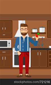 A hipster man with the beard standing in the kitchen and holding an apple in hand vector flat design illustration. Vertical layout.. Man holding apple.