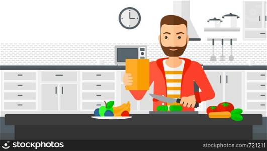 A hipster man with the beard standing in the kitchen with a digital tablet in a hand and cutting vegetables on cutting board vector flat design illustration. Horizontal layout.. Man cooking meal.