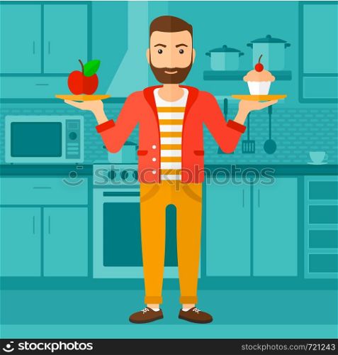 A hipster man with the beard standing in the kitchen with apple and cake in hands symbolizing choice between healthy and unhealthy food vector flat design illustration. Square layout.. Man with apple and cake.