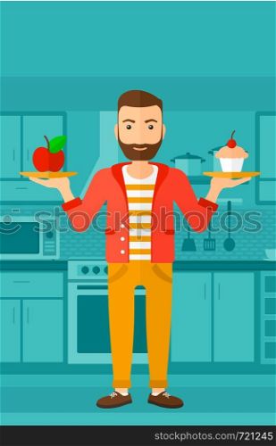 A hipster man with the beard standing in the kitchen with apple and cake in hands symbolizing choice between healthy and unhealthy food vector flat design illustration. Vertical layout.. Man with apple and cake.