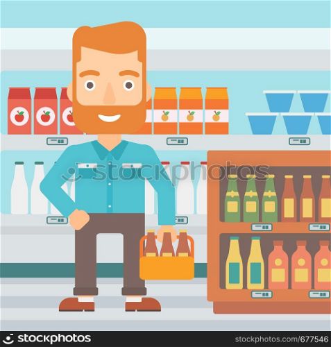A hipster man with the beard standing in the supermarket and holding a pack of beer vector flat design illustration. Square layout.. Man with pack of beer.