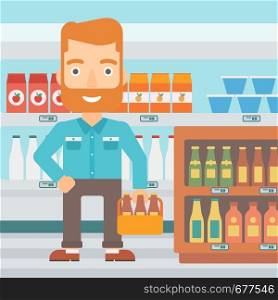 A hipster man with the beard standing in the supermarket and holding a pack of beer vector flat design illustration. Square layout.. Man with pack of beer.