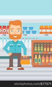 A hipster man with the beard standing in the supermarket and holding a pack of beer vector flat design illustration. Vertical layout.. Man with pack of beer.