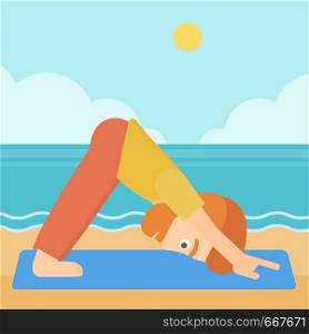 A hipster man with the beard standing in yoga downward facing dog pose on the beach vector flat design illustration. Square layout.. Man practicing yoga.