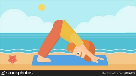 A hipster man with the beard standing in yoga downward facing dog pose on the beach vector flat design illustration. Horizontal layout.. Man practicing yoga.