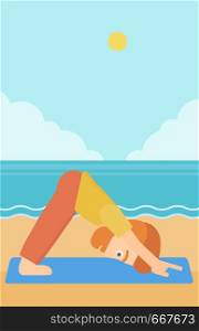 A hipster man with the beard standing in yoga downward facing dog pose on the beach vector flat design illustration. Vertical layout.. Man practicing yoga.
