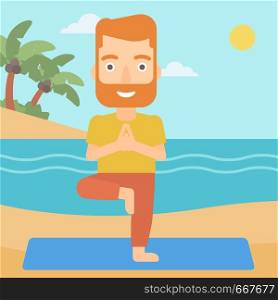 A hipster man with the beard standing in yoga tree pose on the beach vector flat design illustration. Square layout.. Man practicing yoga.