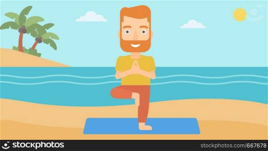 A hipster man with the beard standing in yoga tree pose on the beach vector flat design illustration. Horizontal layout.. Man practicing yoga.