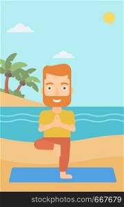 A hipster man with the beard standing in yoga tree pose on the beach vector flat design illustration. Vertical layout.. Man practicing yoga.
