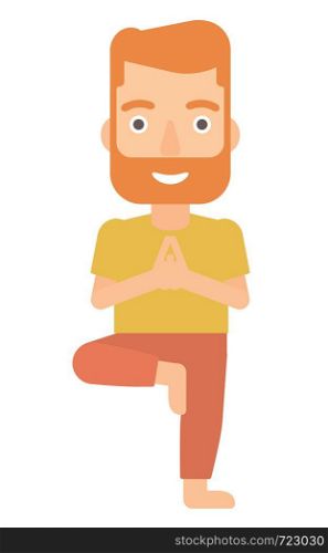 A hipster man with the beard standing in yoga tree pose vector flat design illustration isolated on white background.. Man practicing yoga.