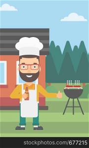 A hipster man with the beard standing next to barbecue grill in the yard in front of house and holding a bottle in hand and showing thumb up vector flat design illustration. Vertical layout.. Man preparing barbecue.