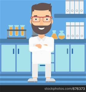 A hipster man with the beard standing on the background of laboratory vector flat design illustration. Square layout.. Male laboratory assistant.