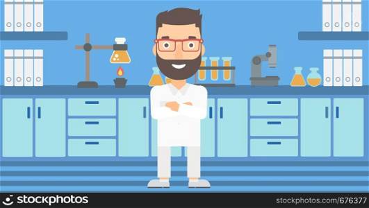 A hipster man with the beard standing on the background of laboratory vector flat design illustration. Horizontal layout.. Male laboratory assistant.