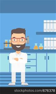 A hipster man with the beard standing on the background of laboratory vector flat design illustration. Vertical layout.. Male laboratory assistant.