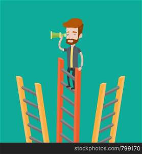 A hipster man with the beard standing on the top of a ladder and looking through spyglass. Young businessman looking for opportunities for business. Vector flat design illustration. Square layout.. Businessman looking for business opportunities.