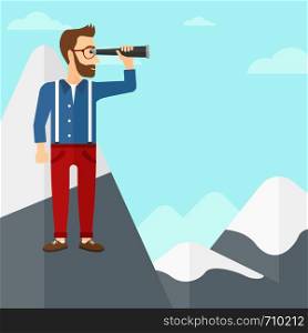 A hipster man with the beard standing on the top of mountain and looking through spyglass on the background of blue sky vector flat design illustration. Square layout.. Businessman looking through spyglass.