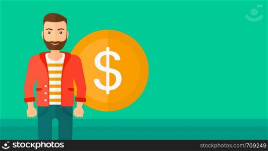 A hipster man with the beard standing with a big dollar coin behind him on a green background vector flat design illustration. Horizontal layout.. Successful businessman with dollar coin.