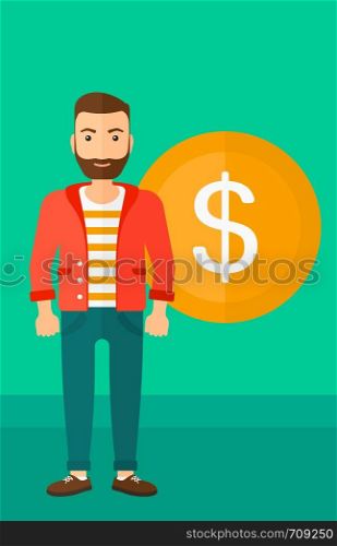 A hipster man with the beard standing with a big dollar coin behind him on a green background vector flat design illustration. Vertical layout.. Successful businessman with dollar coin.