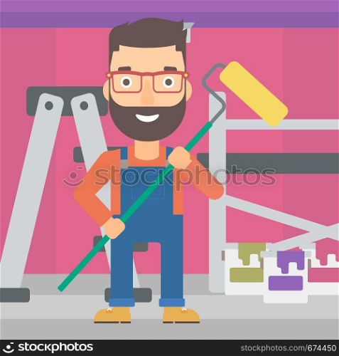A hipster man with the beard standing with a paint roller on a background of room with paint cans and ladder vector flat design illustration. Square layout.. Painter with paint roller.