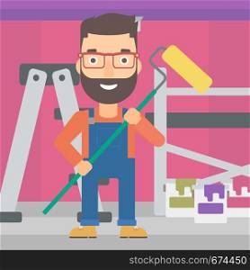 A hipster man with the beard standing with a paint roller on a background of room with paint cans and ladder vector flat design illustration. Square layout.. Painter with paint roller.
