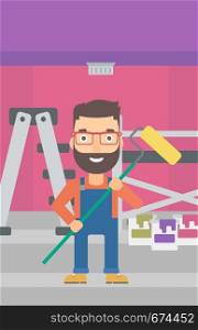 A hipster man with the beard standing with a paint roller on a background of room with paint cans and ladder vector flat design illustration. Vertical layout.. Painter with paint roller.