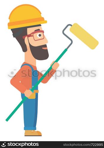 A hipster man with the beard standing with a paint roller vector flat design illustration isolated on white background.. Painter with paint roller.