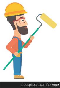 A hipster man with the beard standing with a paint roller vector flat design illustration isolated on white background.. Painter with paint roller.
