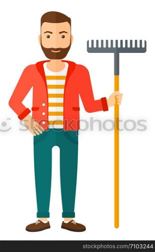 A hipster man with the beard standing with a rake vector flat design illustration isolated on white background. Vertical layout.. Man standing with rake.