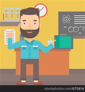 A hipster man with the beard standing with a tablet computer and pointing his forefinger up on the background of chemistry class vector flat design illustration. Square layout.. Man holding tablet computer.