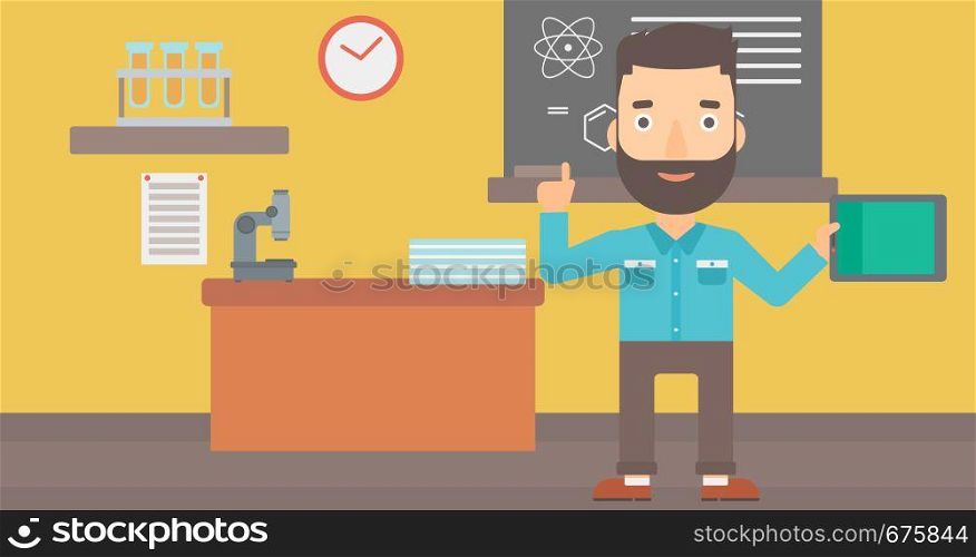 A hipster man with the beard standing with a tablet computer and pointing his forefinger up on the background of chemistry class vector flat design illustration. Horizontal layout.. Man holding tablet computer.