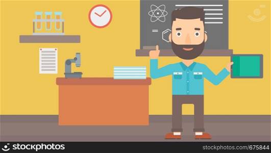 A hipster man with the beard standing with a tablet computer and pointing his forefinger up on the background of chemistry class vector flat design illustration. Horizontal layout.. Man holding tablet computer.