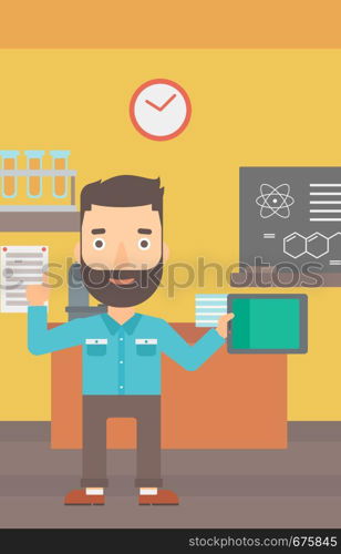 A hipster man with the beard standing with a tablet computer and pointing his forefinger up on the background of chemistry class vector flat design illustration. Vertical layout.. Man holding tablet computer.