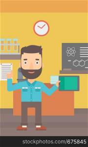 A hipster man with the beard standing with a tablet computer and pointing his forefinger up on the background of chemistry class vector flat design illustration. Vertical layout.. Man holding tablet computer.