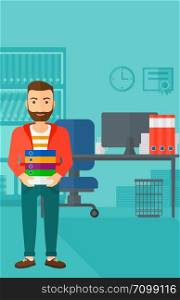 A hipster man with the beard standing with pile of folders on the background of business office vector flat design illustration. Vertical layout.. Man holding pile of folders.