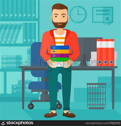 A hipster man with the beard standing with pile of folders on the background of business office vector flat design illustration. Square layout.. Man holding pile of folders.