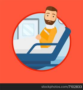 A hipster man with the beard suffering from neck pain. Man with injured neck lying in bed in hospital ward. Man with neck brace. Vector flat design illustration in the circle isolated on background.. Man with neck injury.