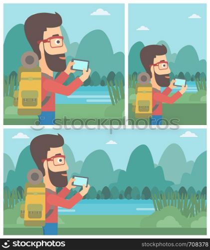 A hipster man with the beard taking photo of landscape with mountains. Young man with backpack taking photo with his cellphone. Vector flat design illustration. Square, horizontal, vertical layouts.. Man with backpack taking photo.