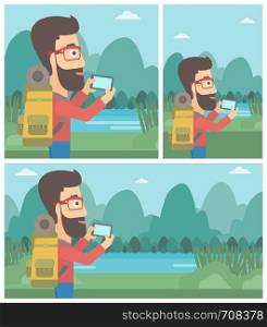 A hipster man with the beard taking photo of landscape with mountains. Young man with backpack taking photo with his cellphone. Vector flat design illustration. Square, horizontal, vertical layouts.. Man with backpack taking photo.