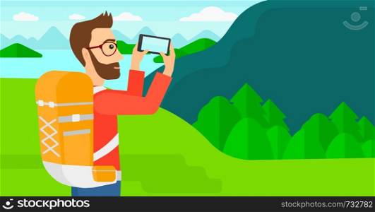 A hipster man with the beard taking photo of landscape with mountains and lake vector flat design illustration. Horizontal layout.. Backpacker taking photo.