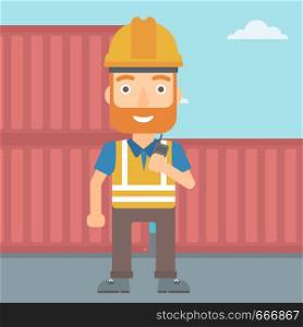 A hipster man with the beard talking to a portable radio on cargo containers background vector flat design illustration. Square layout.. Stevedore standing on cargo containers background.
