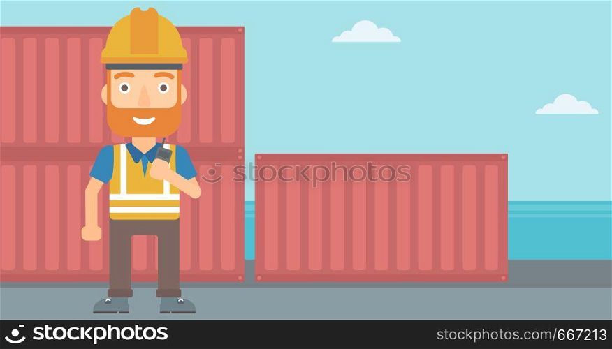A hipster man with the beard talking to a portable radio on cargo containers background vector flat design illustration. Horizontal layout.. Stevedore standing on cargo containers background.