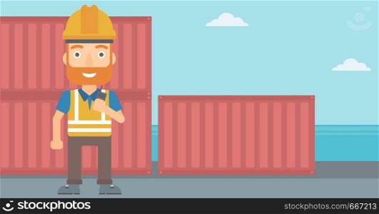 A hipster man with the beard talking to a portable radio on cargo containers background vector flat design illustration. Horizontal layout.. Stevedore standing on cargo containers background.