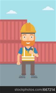 A hipster man with the beard talking to a portable radio on cargo containers background vector flat design illustration. Vertical layout.. Stevedore standing on cargo containers background.