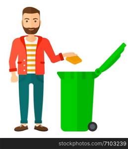 A hipster man with the beard throwing a trash into a green bin vector flat design illustration isolated on white background. Square layout.. Man throwing trash.