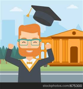 A hipster man with the beard throwing up his hat on the background of educational building vector flat design illustration. Square layout.. Graduate throwing up his hat.
