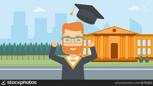 A hipster man with the beard throwing up his hat on the background of educational building vector flat design illustration. Horizontal layout.. Graduate throwing up his hat.