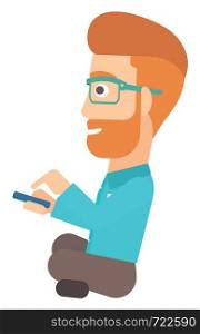A hipster man with the beard using mobile phone vector flat design illustration isolated on white background. . Man using mobile phone.