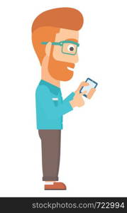 A hipster man with the beard using mobile phone vector flat design illustration isolated on white background.. Man using mobile phone