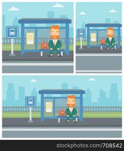 A hipster man with the beard waiting for a bus at a bus stop on a city background. Young man sitting at the bus stop. Vector flat design illustration. Square, horizontal, vertical layouts.. Man waiting for bus at the bus stop.