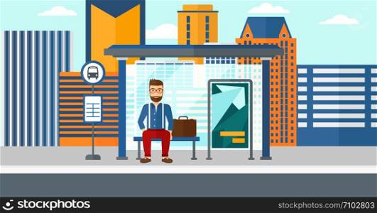 A hipster man with the beard waiting for a bus at a bus-stop on a city background vector flat design illustration. Horizontal layout.. Man waiting for bus.